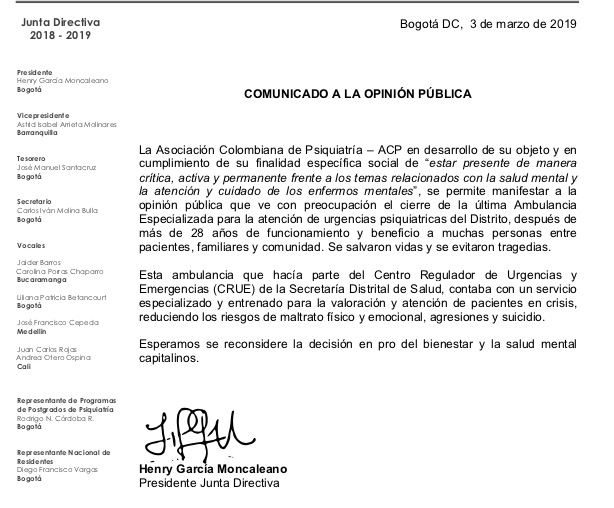 Comunicado Oficial cierre de ambulancia especializada en Salud Mental