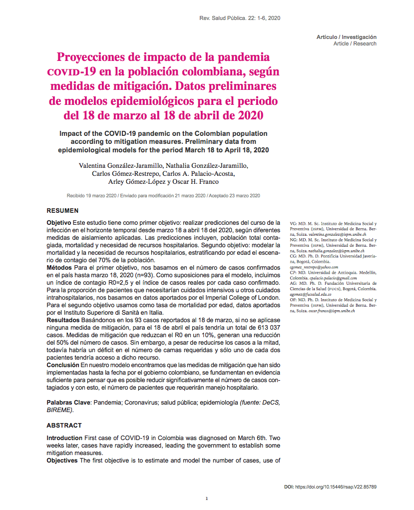 Proyecciones de impacto de la pandemia COVID-19 en la población colombiana