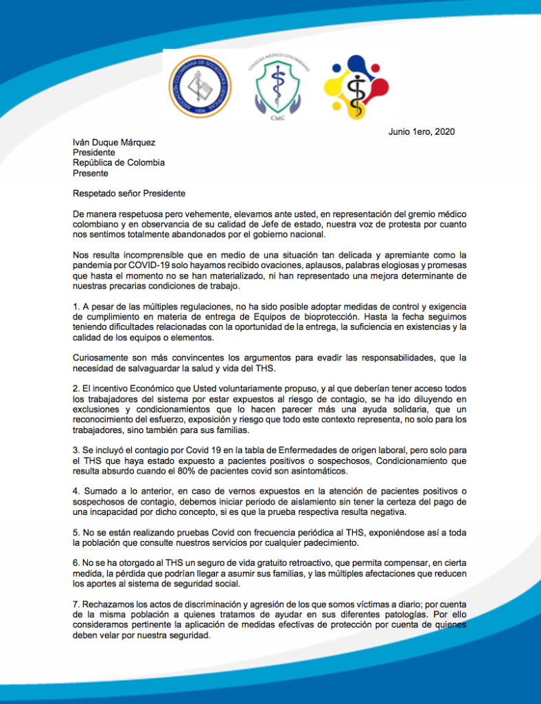 Comunicado ACSC solicitando una respuesta acorde a las necesidades del gremio médico