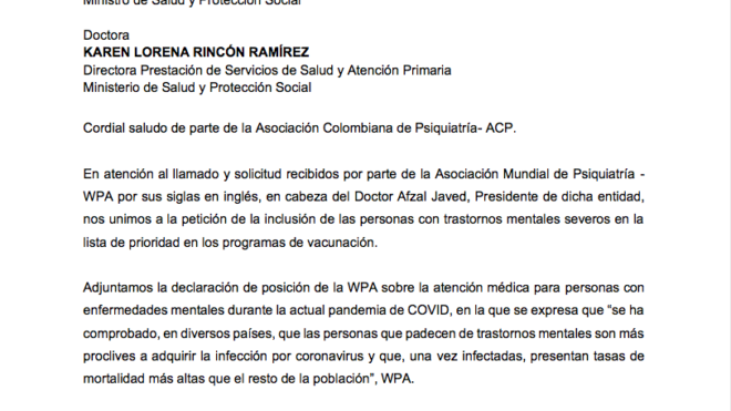 Petición a Ministerio de Salud y Protección Social de vacunación a pacientes con enfermedades mentales.